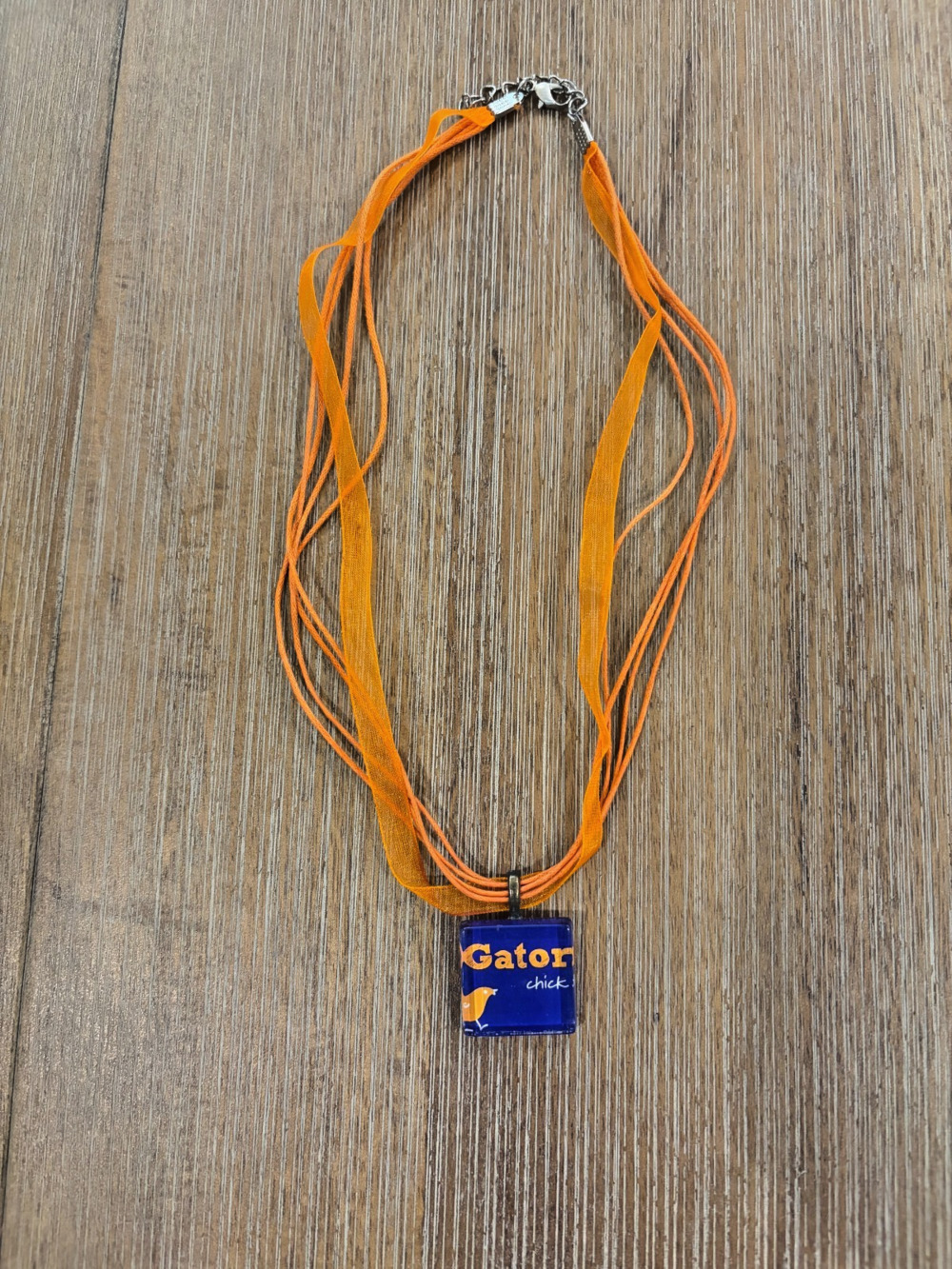 Handmade Gator Chick Glass Tile Pendant Necklace Orange Blue Ribbon